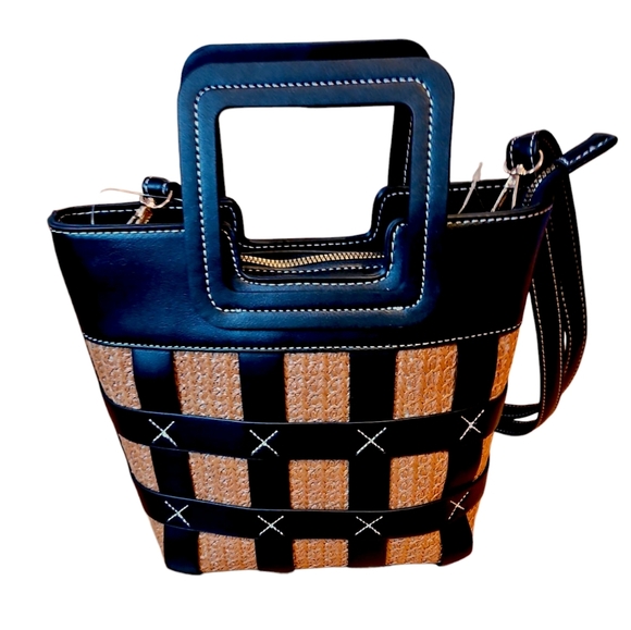 Black Leather & Wicker Tan Handbag, Bucket Bag, Tote, Crossbody Strap, NWOT - Picture 1 of 11